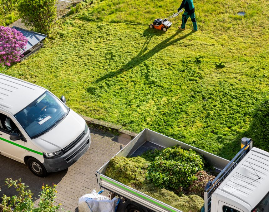 Municipal professional house landscape lawn gardening mowing maintenace and service. City grass yard care cleaning removal equipment gardener van. Lawnmower team worker transport lorry truck.